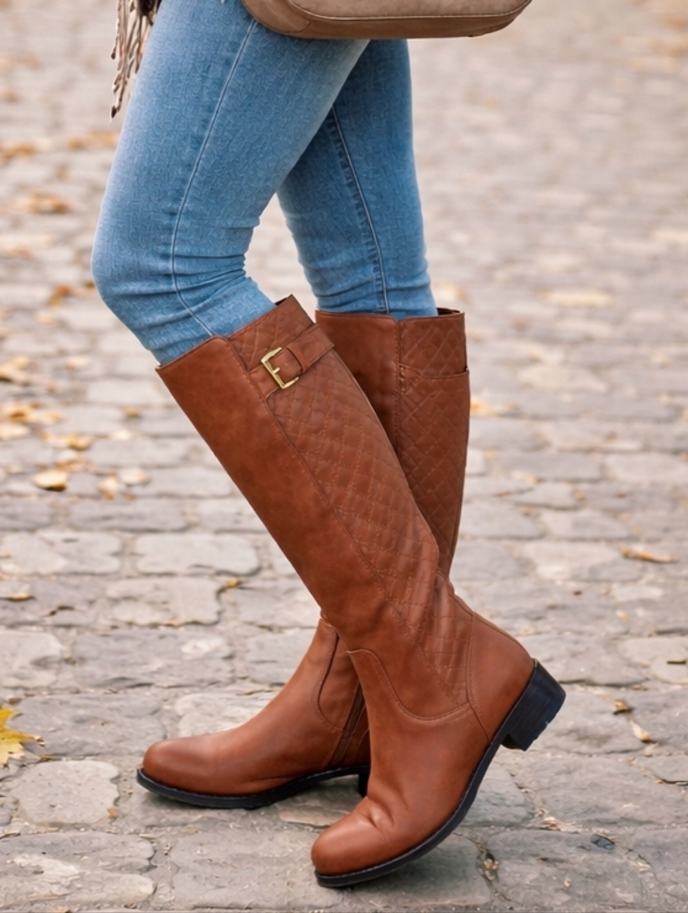 St. John’s Bay Cognac Quilted Riding Boots Knee High Buckle Zip Womens 7.5M NWT